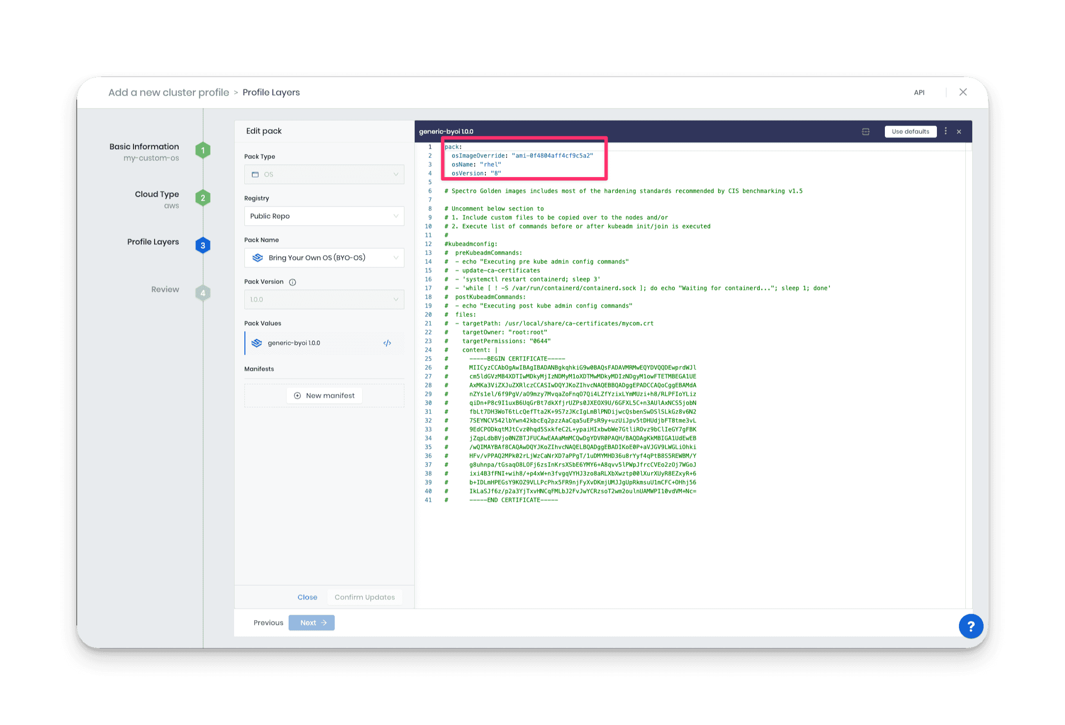 View of the cluster profile wizard