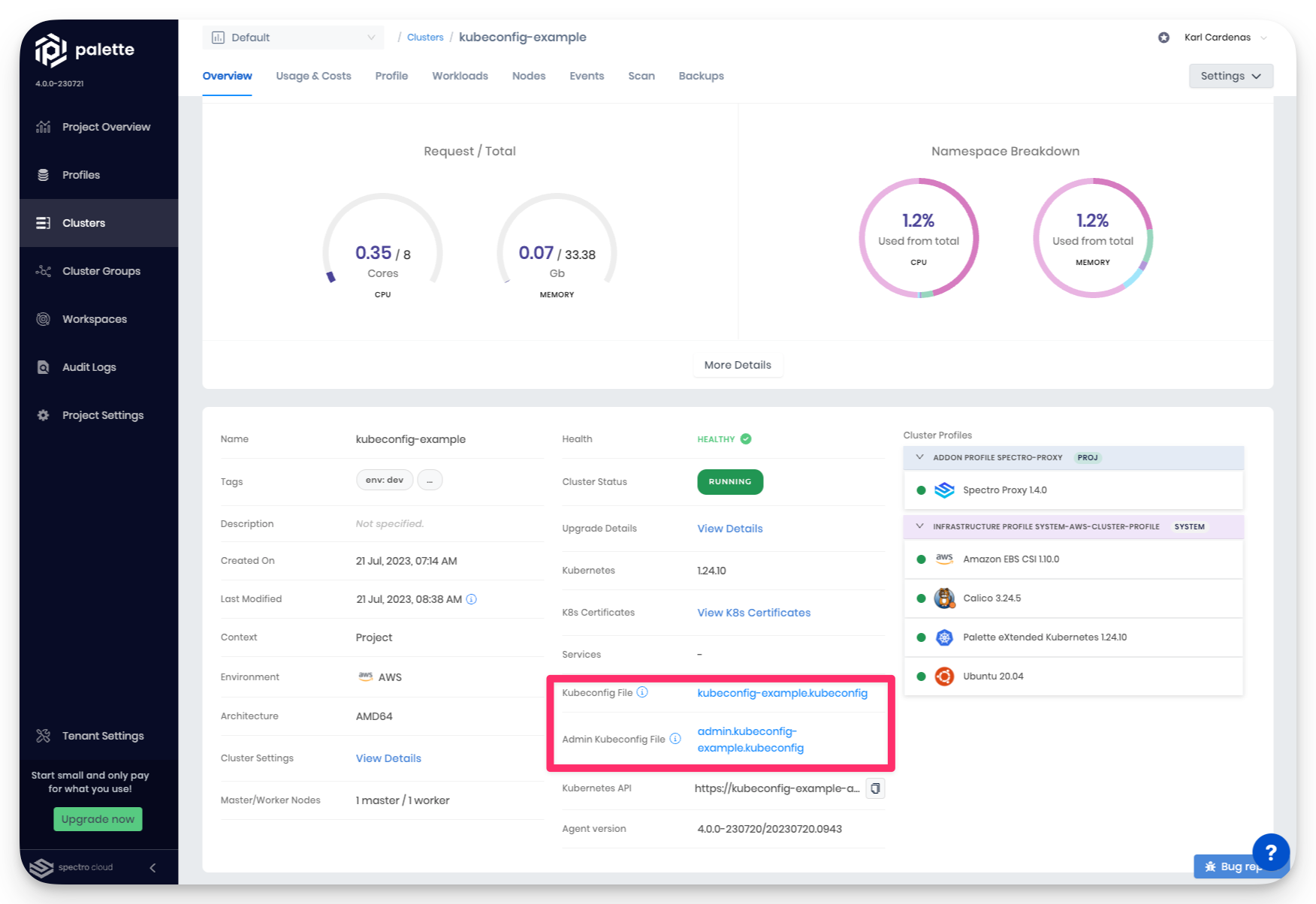 The cluster details page with the two Kubeconfig files elements highlighted