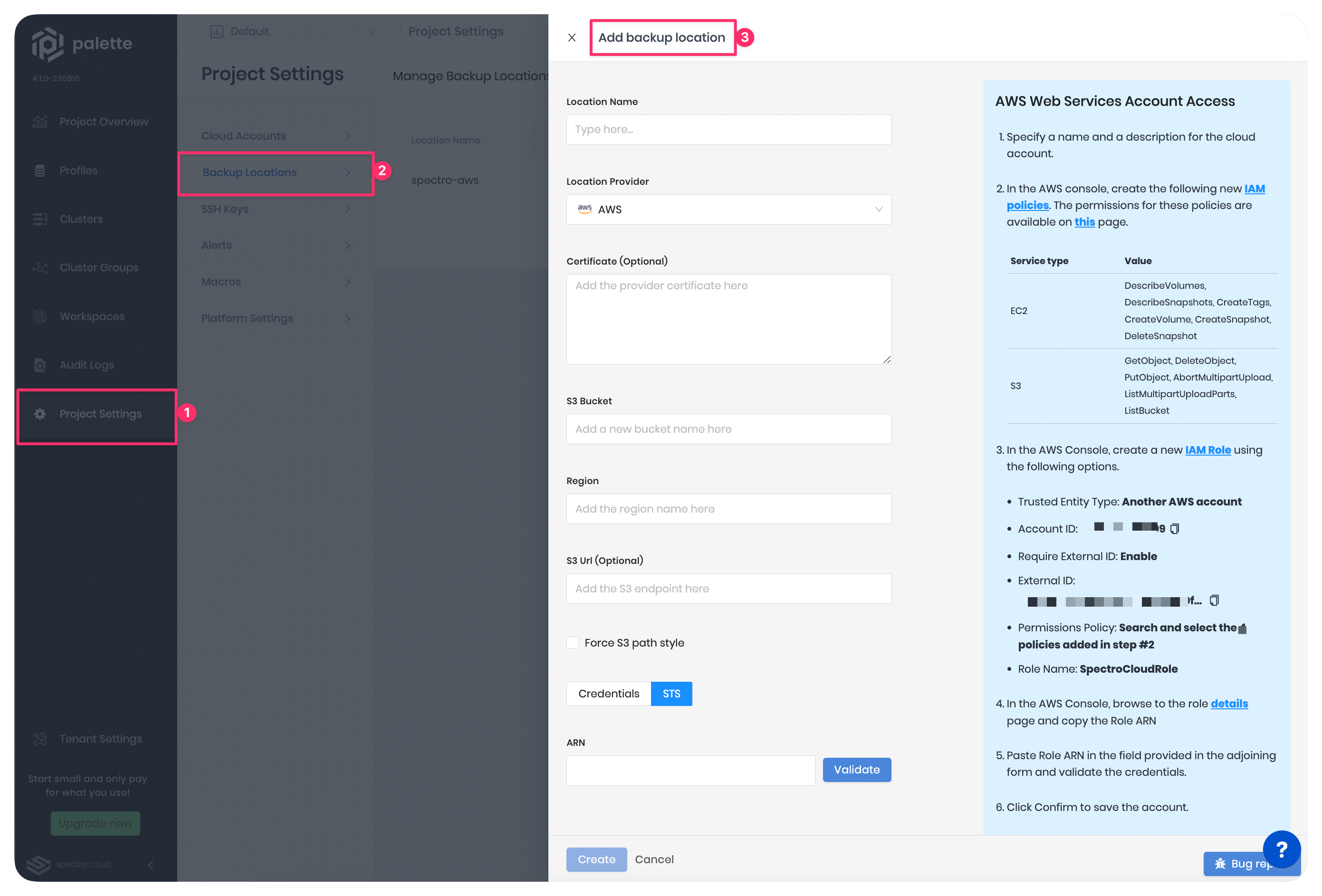 A screenshot highlighting the wizard and configuration fields to add a backup location in Palette.