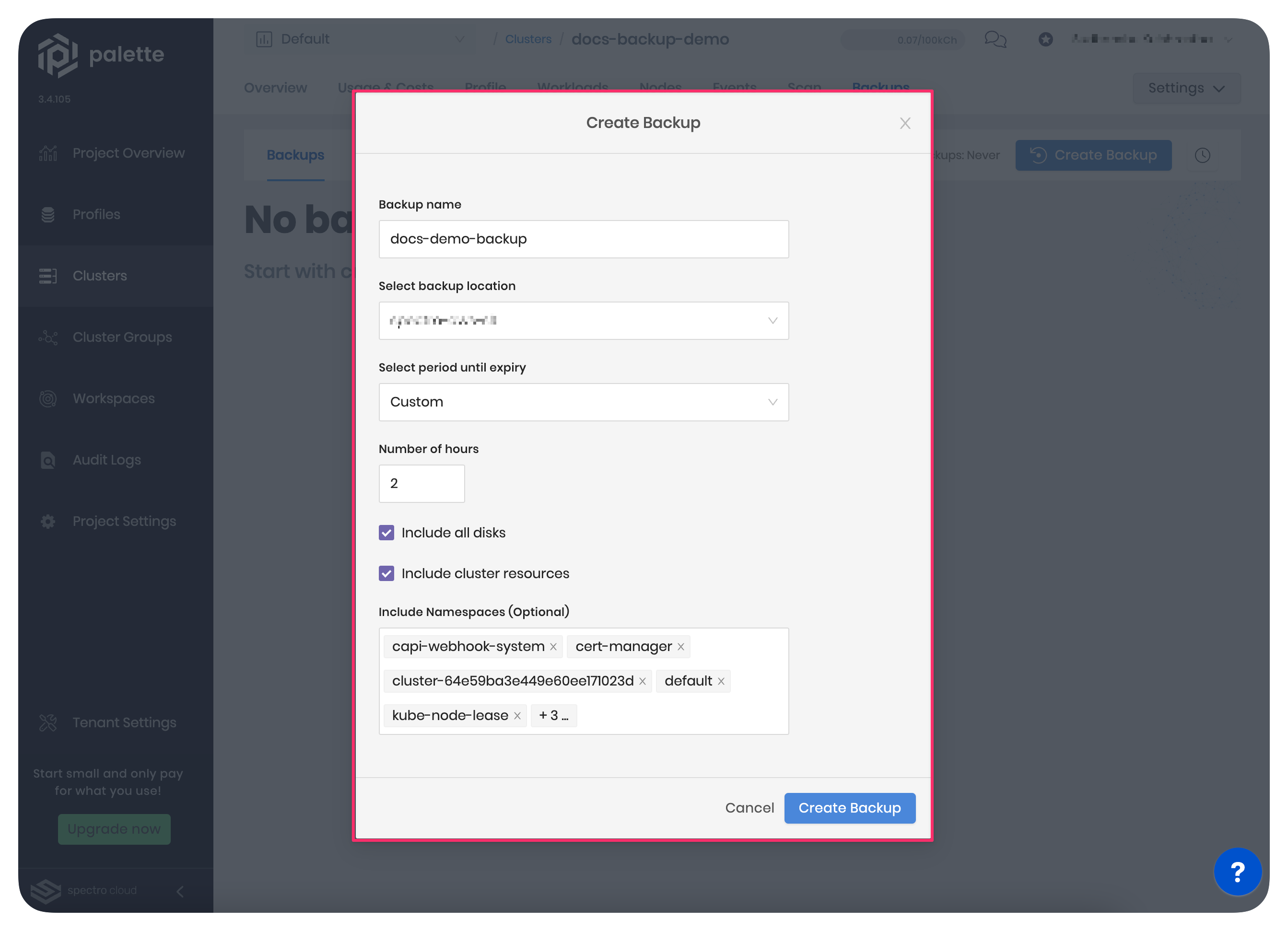 A screenshot highlighting the fields for an on-demand backup for an existing cluster.