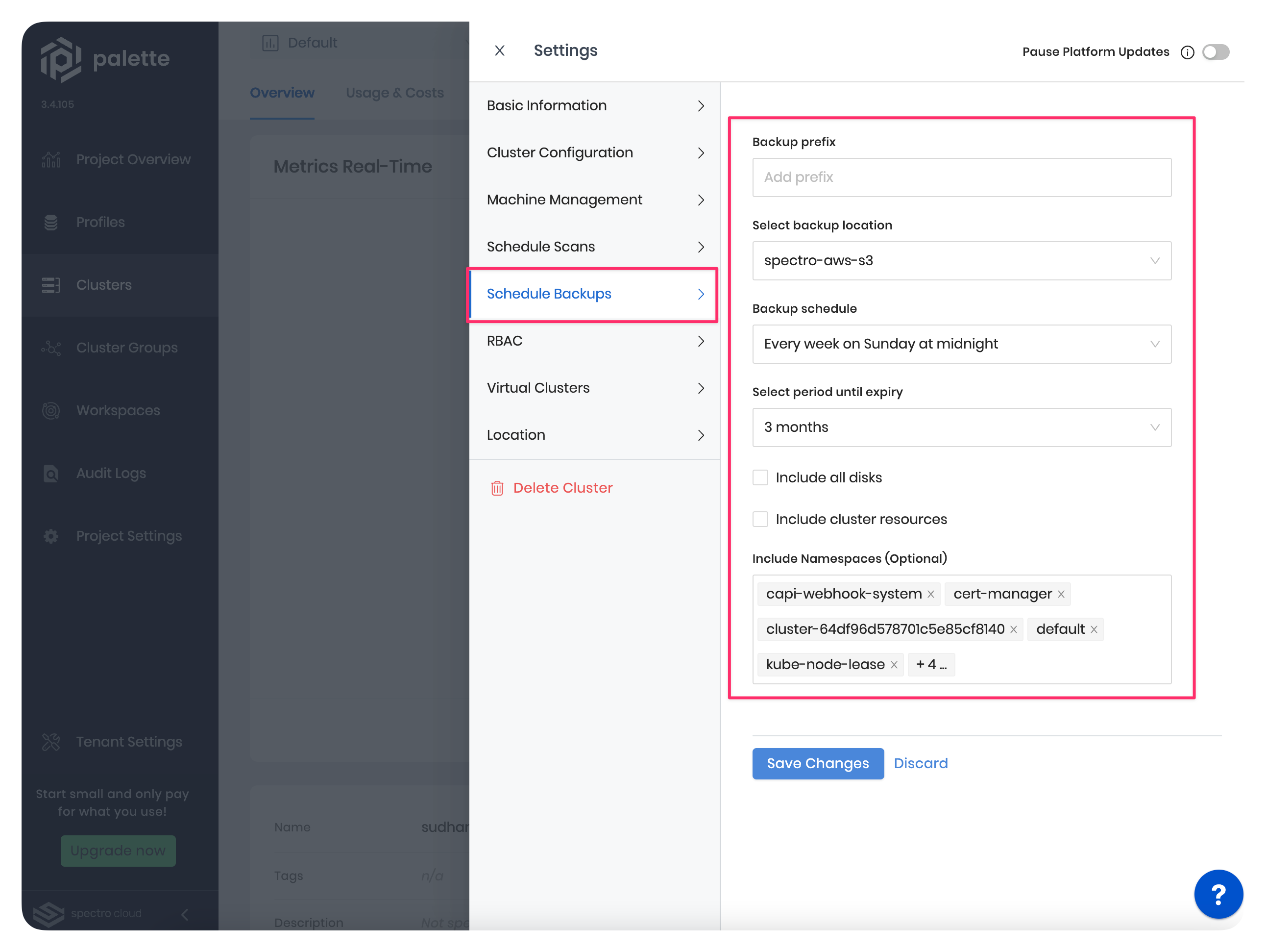 A screenshot highlighting the fields for scheduling a backup for an existing cluster.