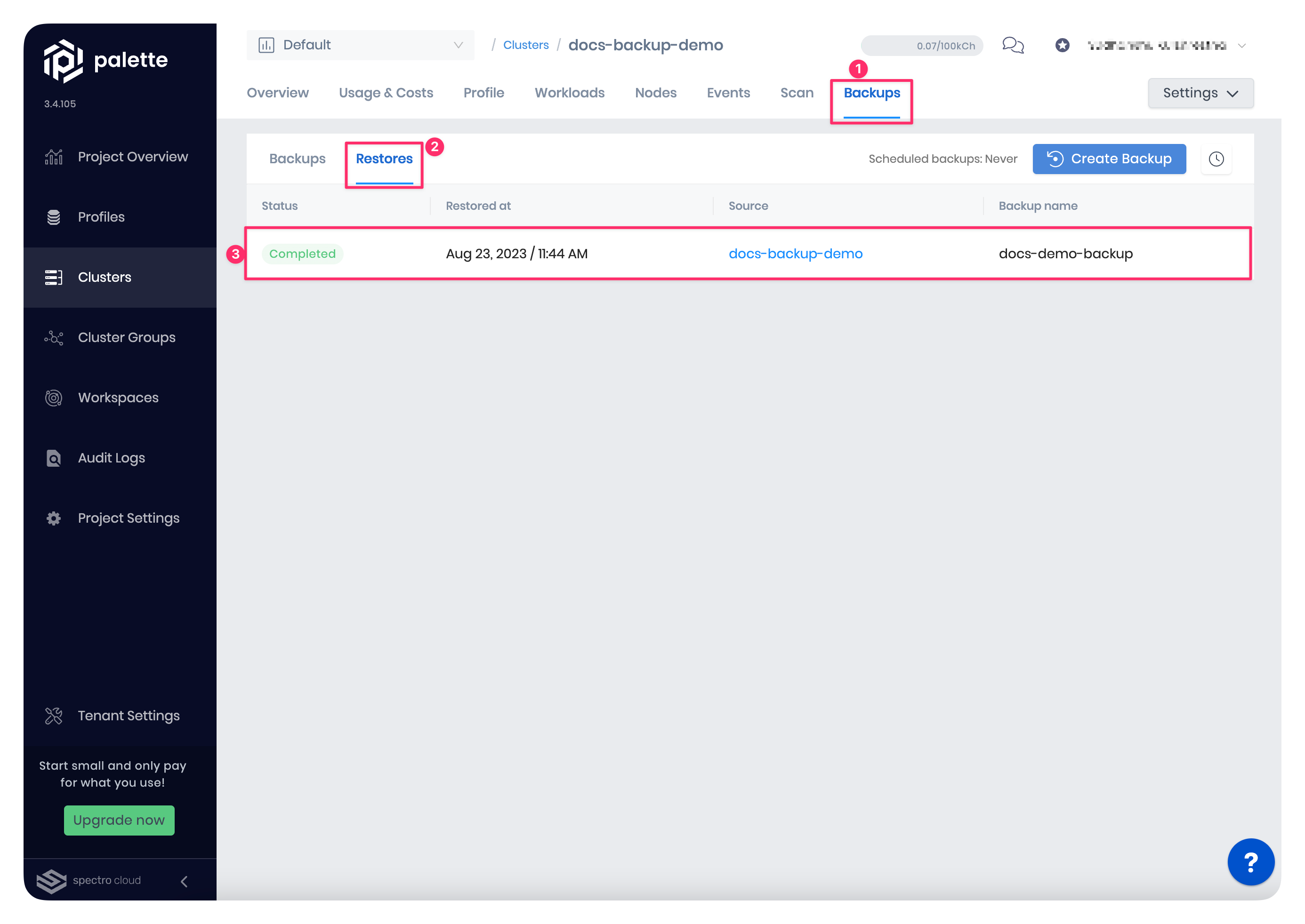 A screenshot highlighting the restoration status for the destination cluster.