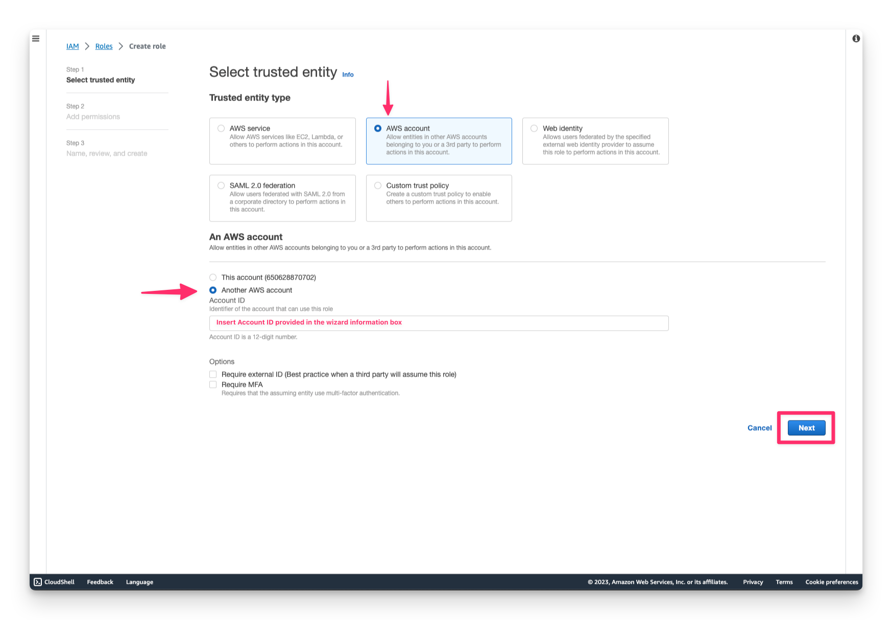 A view of the IAM Role creation screen