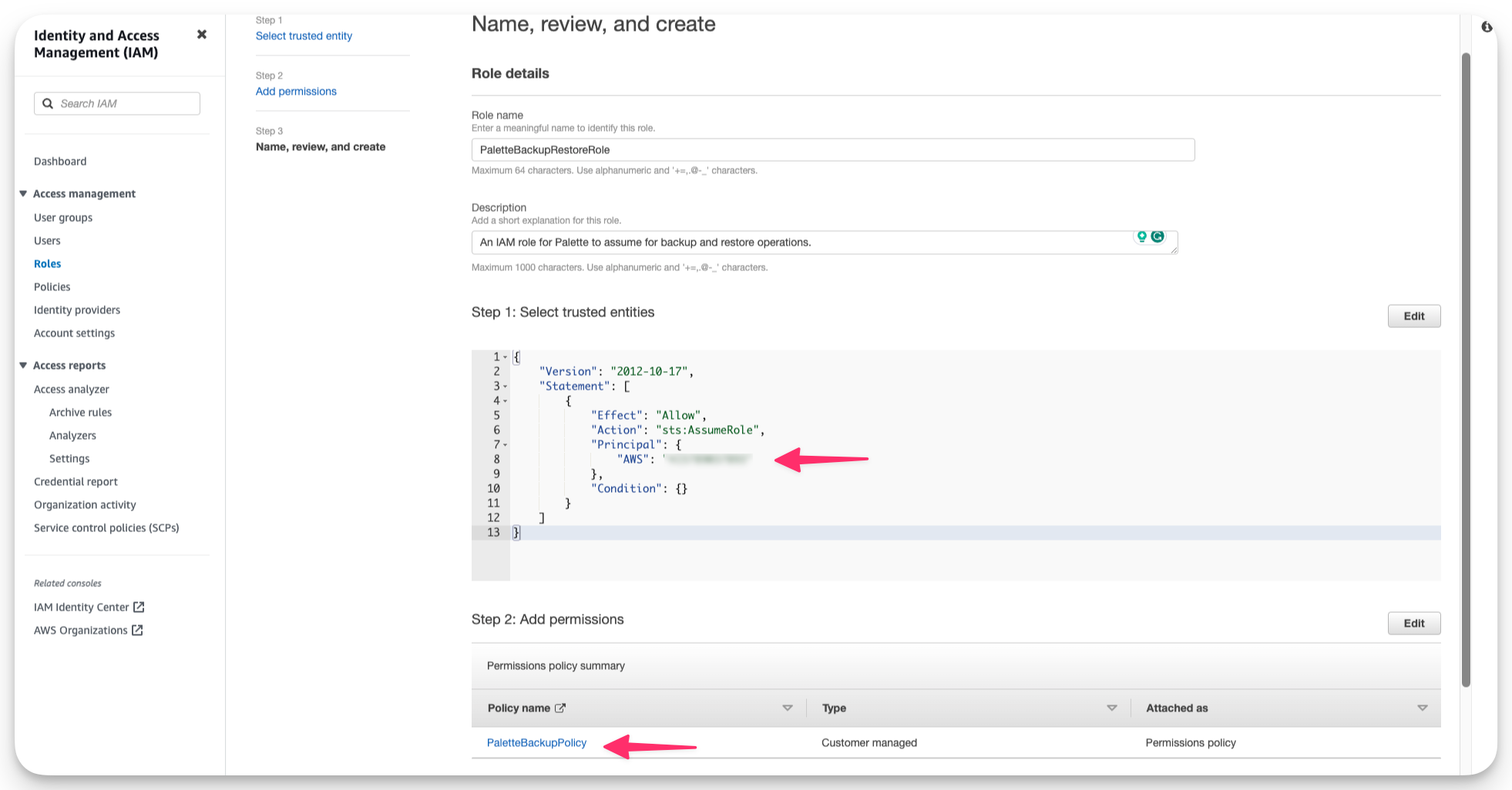 A view of the IAM Role creation summary screen