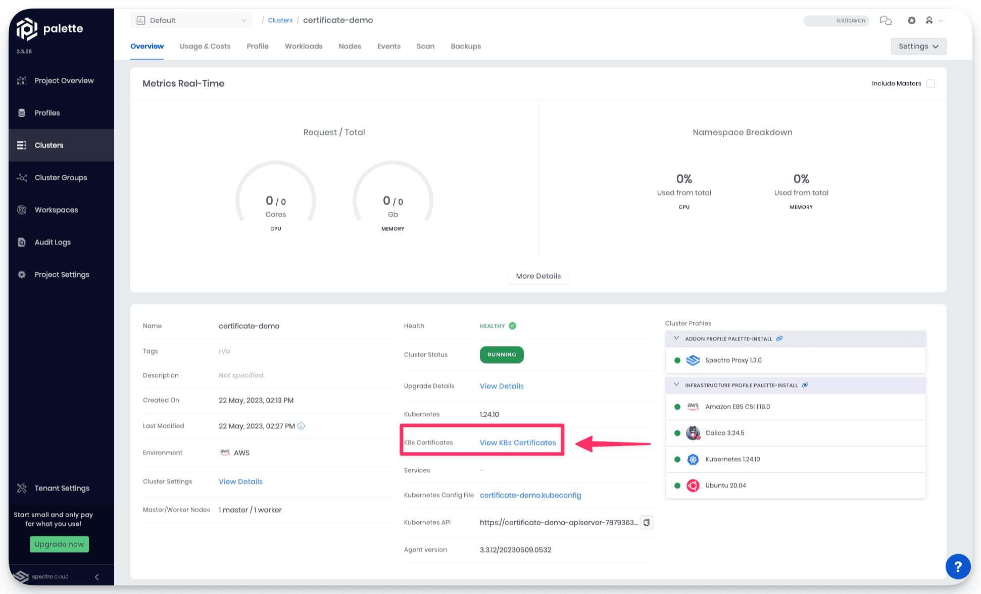 A view of the Palette UI with an arrow pointing to the **View K8s Certificates** button.