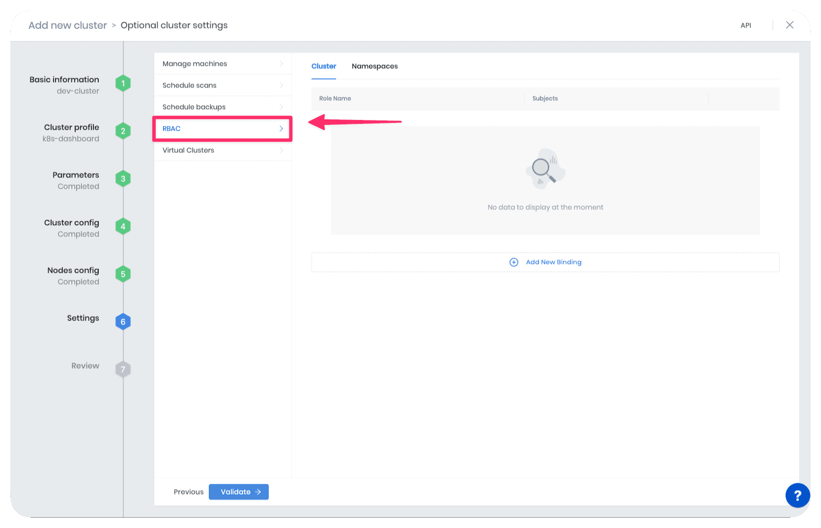 A view of the cluster settings page when creating a cluster