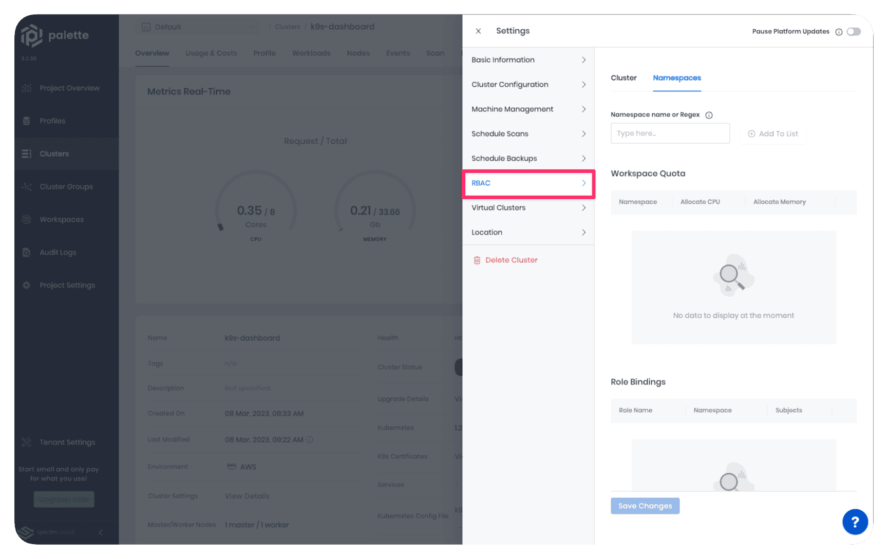 A view of the cluster settings page for an active cluster