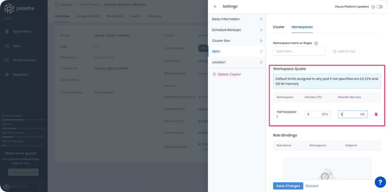 Cluster Settings pane displaying Workspace Quota section of Namespaces tab