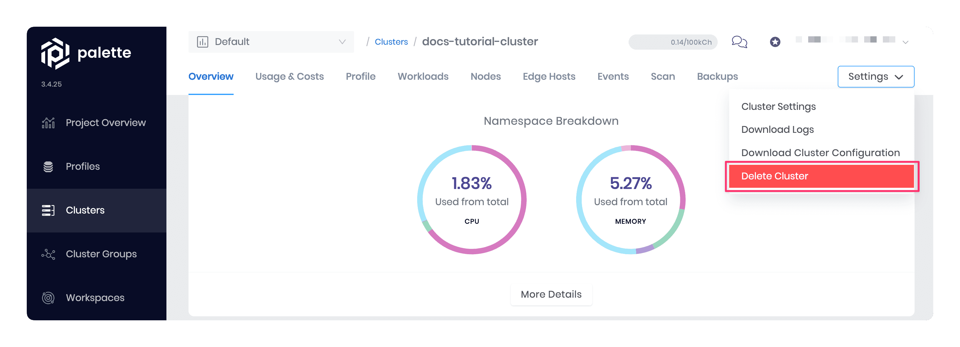 Screenshot of deleting a cluster.