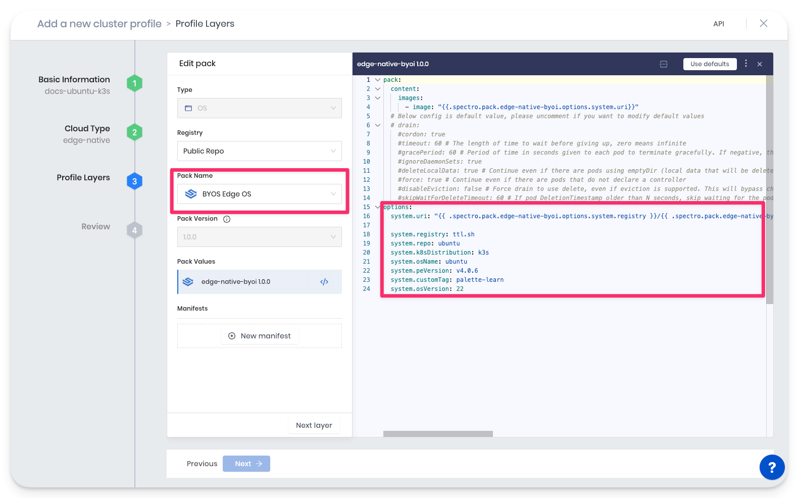 Screenshot of a sample cluster profile&#39;s OS layer 