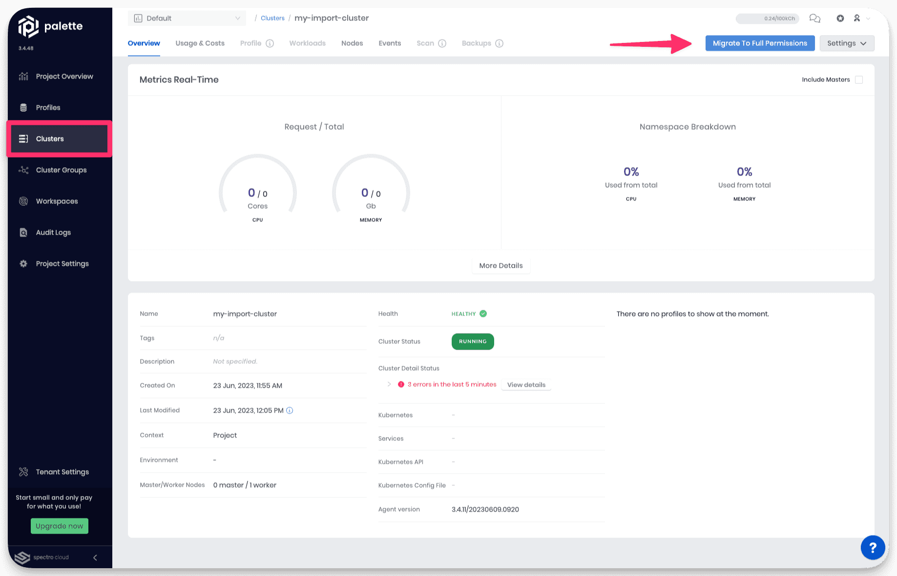 The cluster details view with an arrow pointing to the migrate button