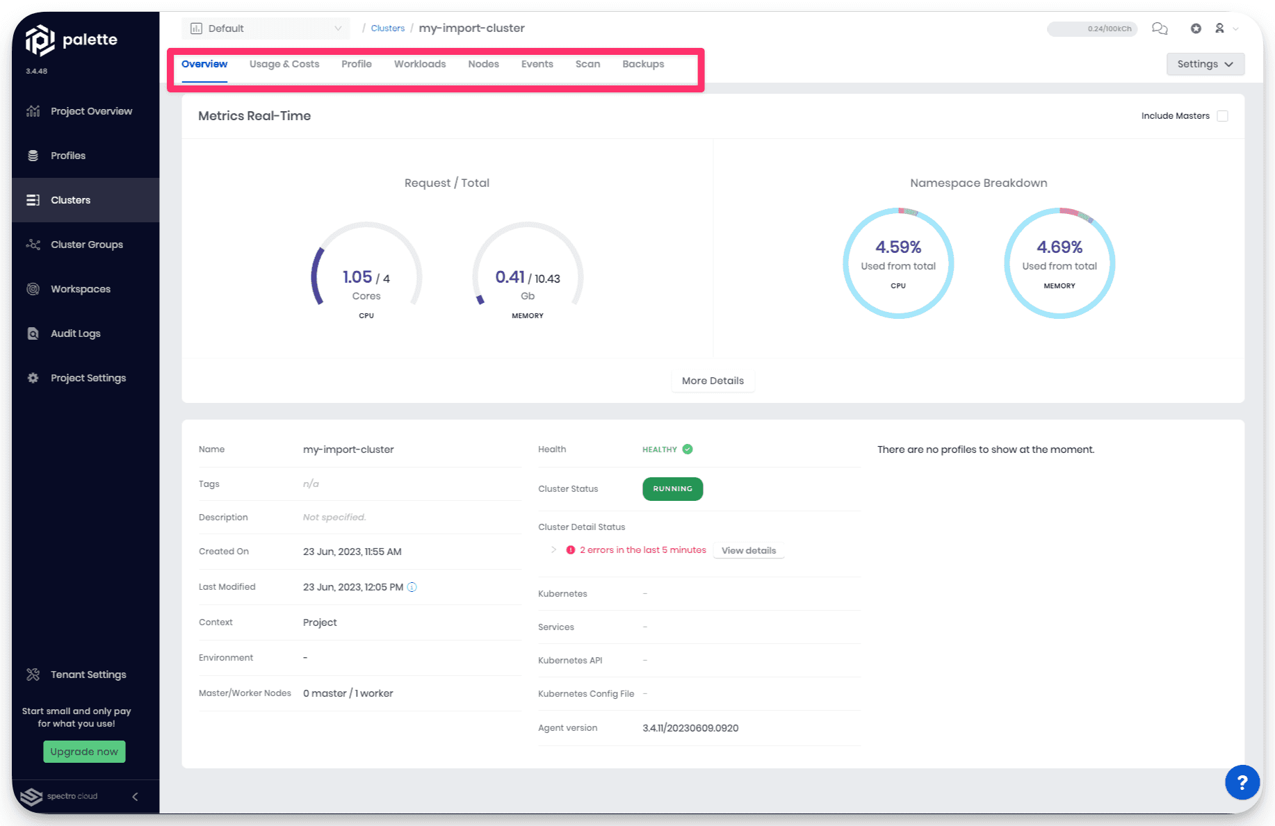 A cluster details page with an imported cluster after a completed migration