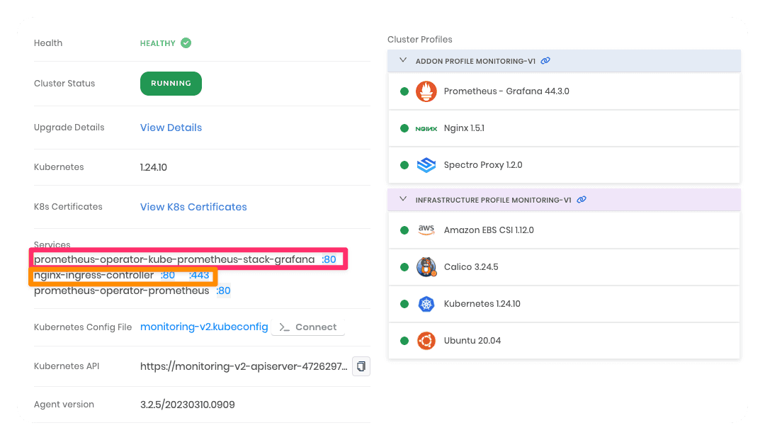 A screenshot of the Palette user interface with two boxes highlighting the load balancers that you need to add to your CNAME.