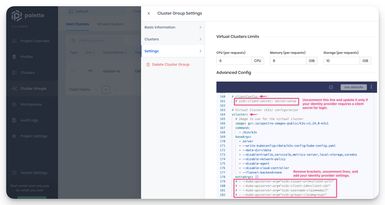 Screenshot of the cluster group YAML showing oidc-related parameters to uncomment and update.