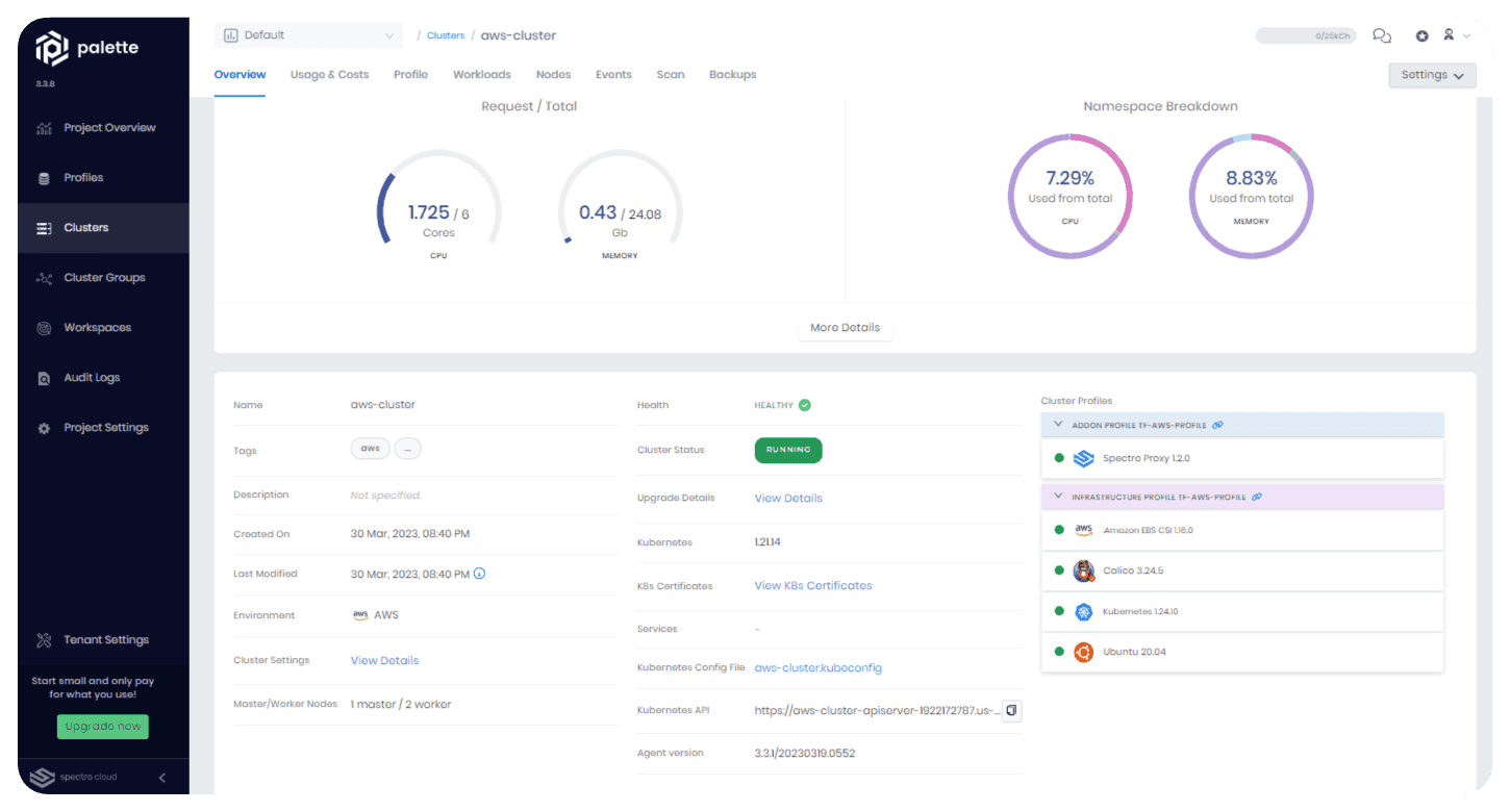 A view of the cluster details page