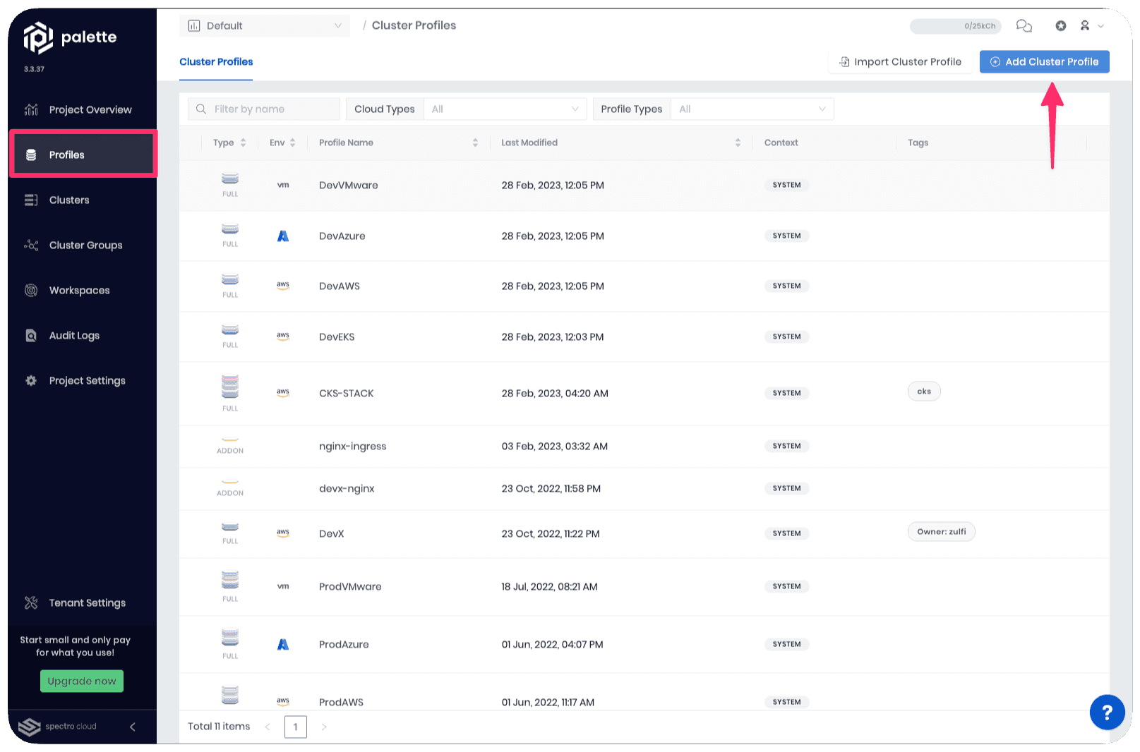 View of the cluster Profiles page