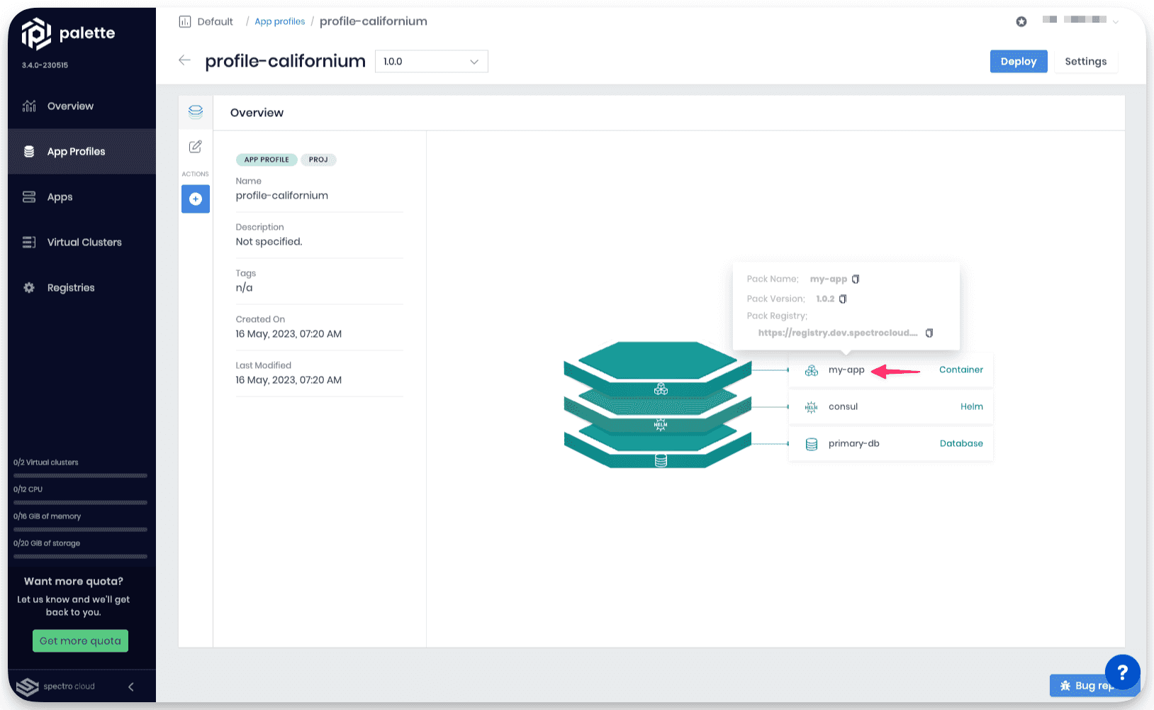 A view of a cursor triggering the info box for each app profile layer.