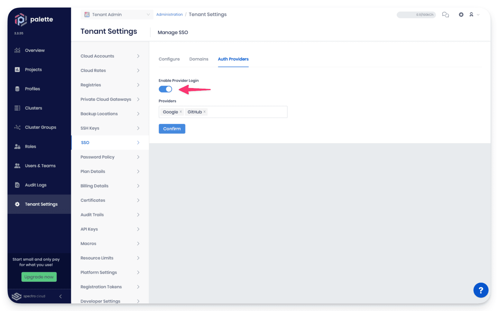 The Auth providers tenant settings page with an arrow toward the toggle button.