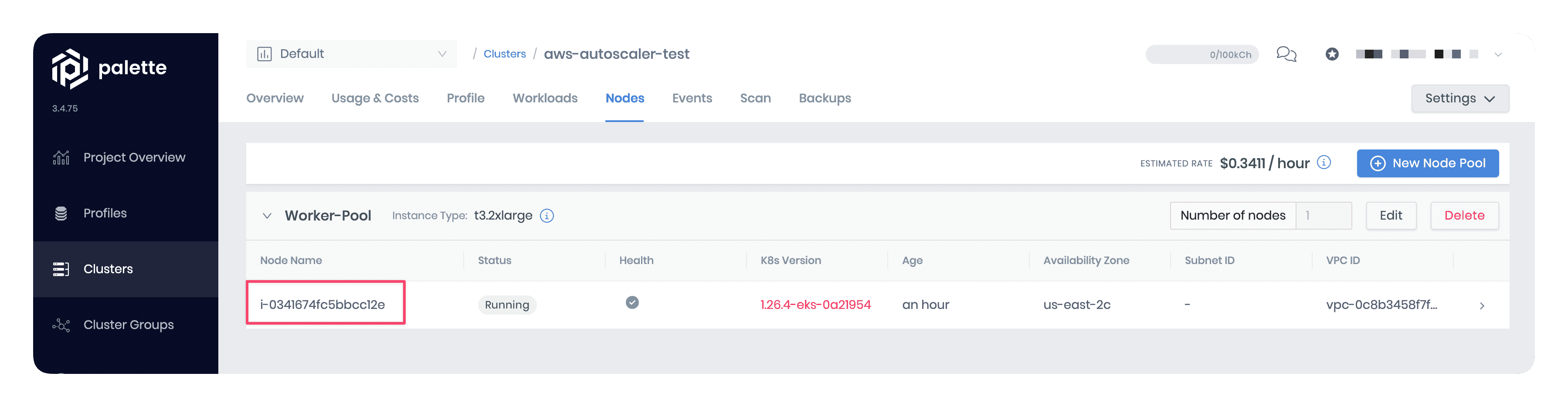 A snapshot displaying one node of the type **t3.2xlarge** in the worker pool.