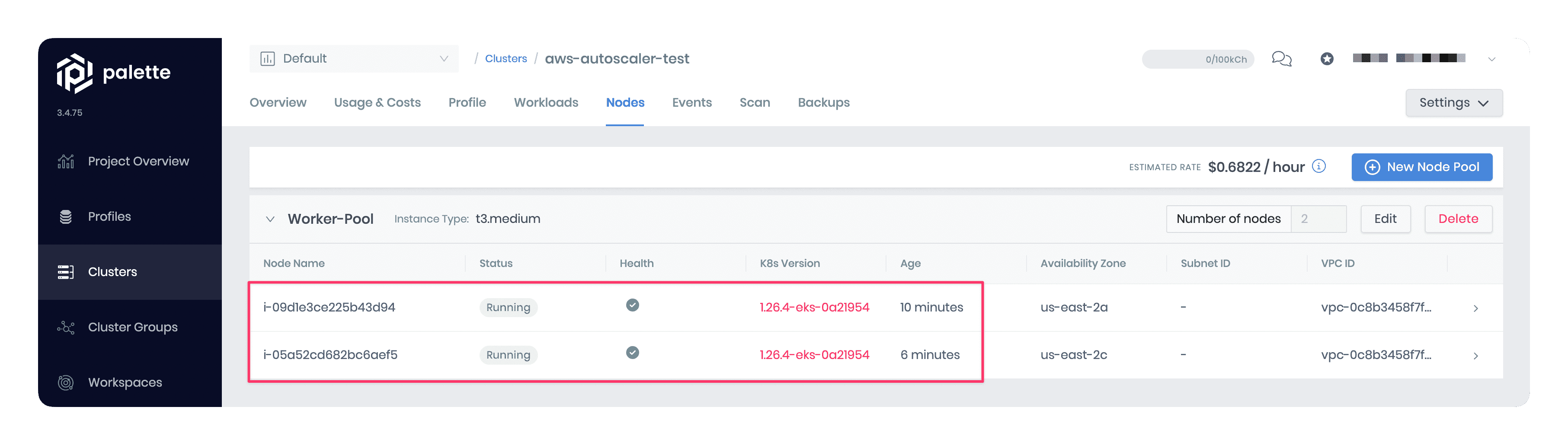 A snapshot displaying new nodes of the size **t3.medium** spin up automatically, *collectively* providing enough capacity to accommodate the current workload. 