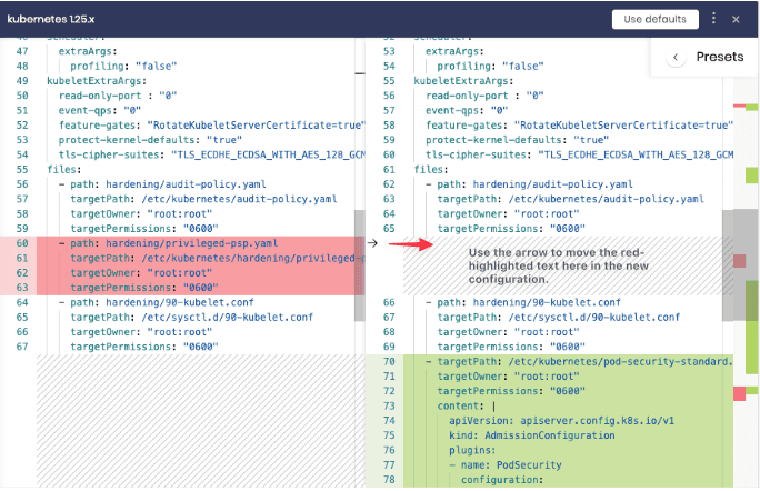 Screenshot that shows Palette&#39;s pack diff user interface with red highlight at left and green highlight at right