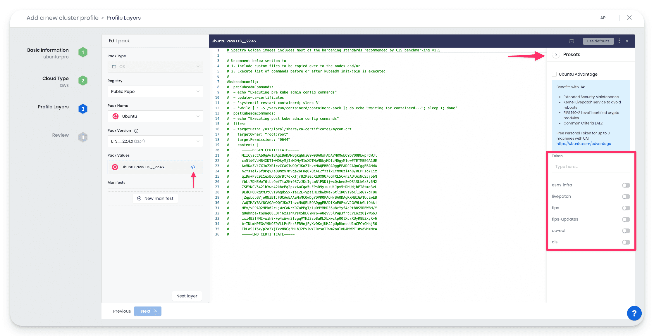 A view of the cluster profile creation wizard for Ubuntu Pro