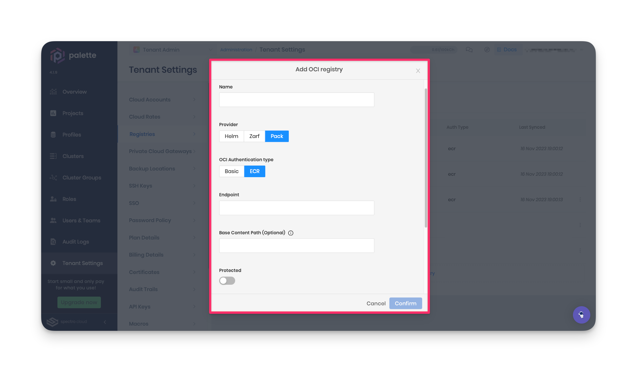 A screenshot highlighting the fields to configure an OCI registry. 