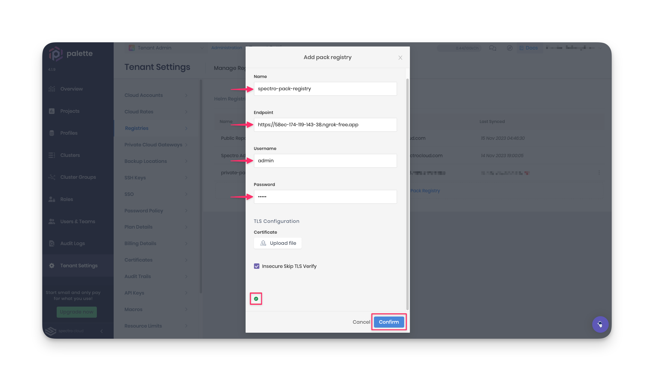 Screenshot of registry server edit option in Palette tenant settings.