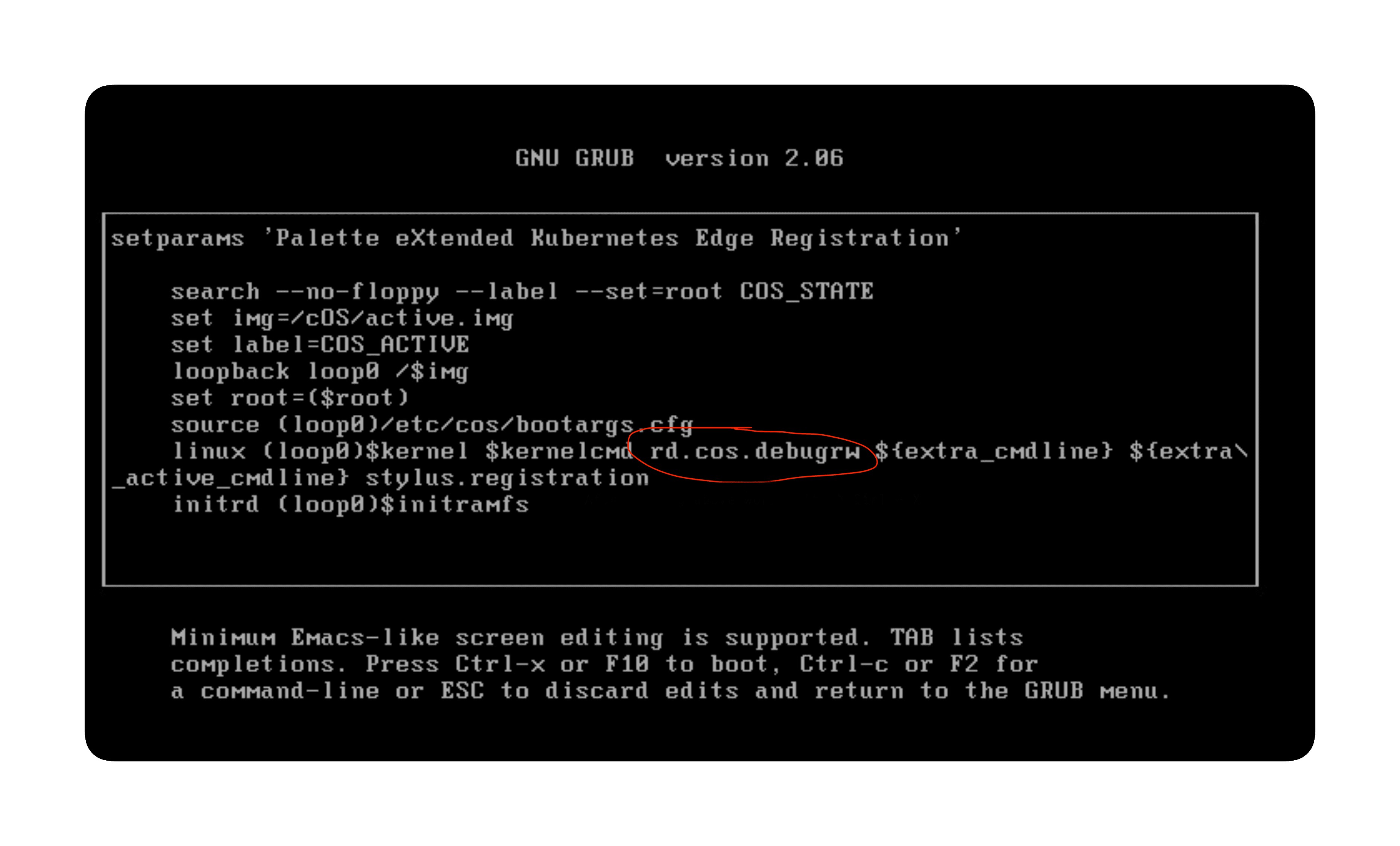 The grubmenu displays with the command rd.cos.debugrw typed in the terminal.