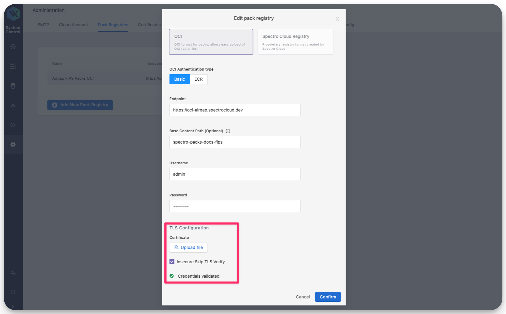 A pack registry configuration screen.