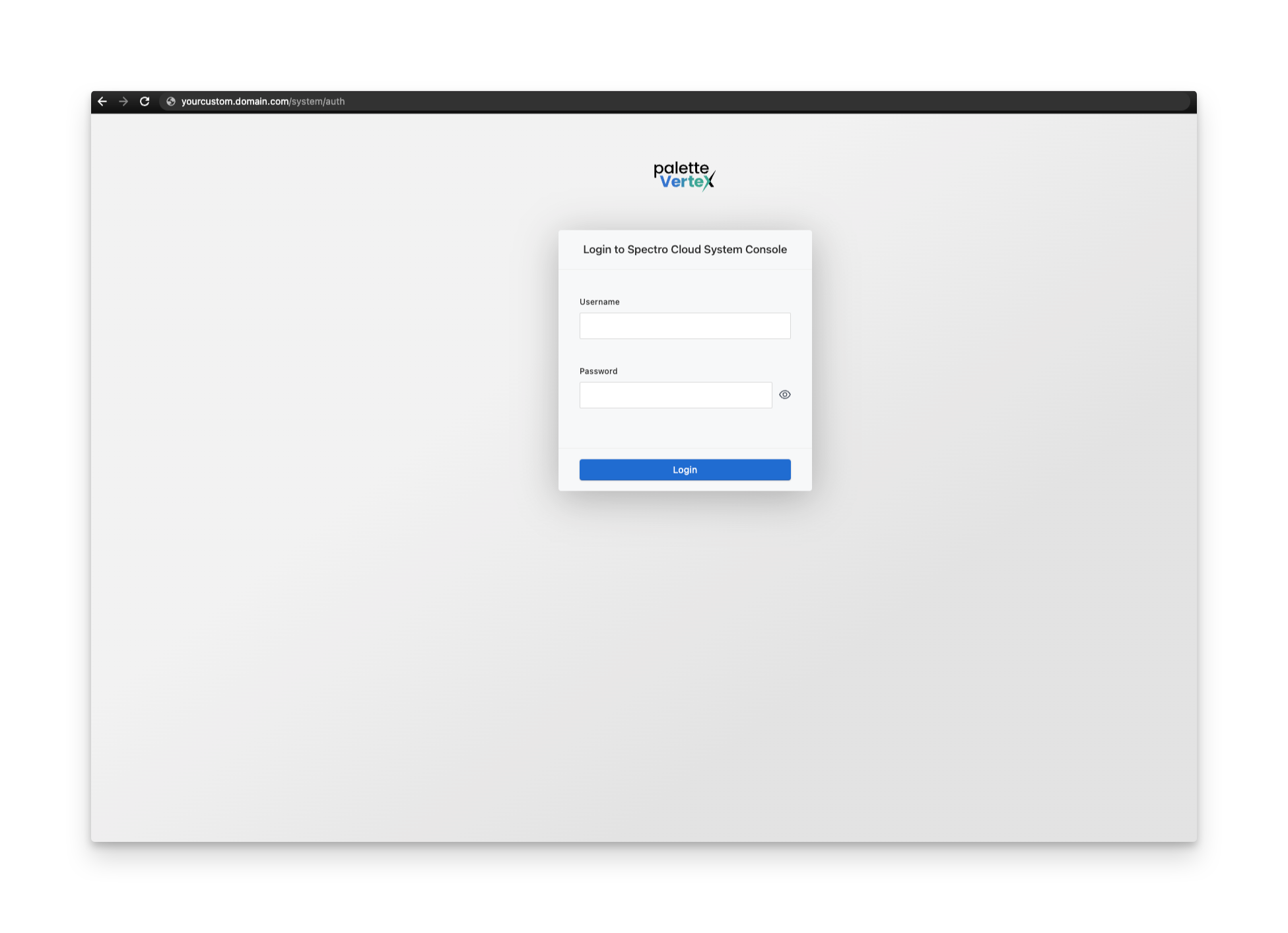 Screenshot of the VerteX system console showing Username and Password fields.