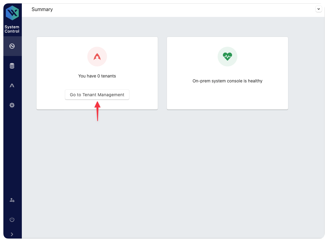 Screenshot of the Summary page showing where to click Go to Tenant Management button.