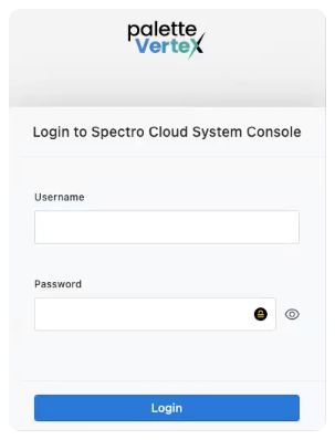 Screenshot of the Palette VerteX system console showing Username and Password fields.