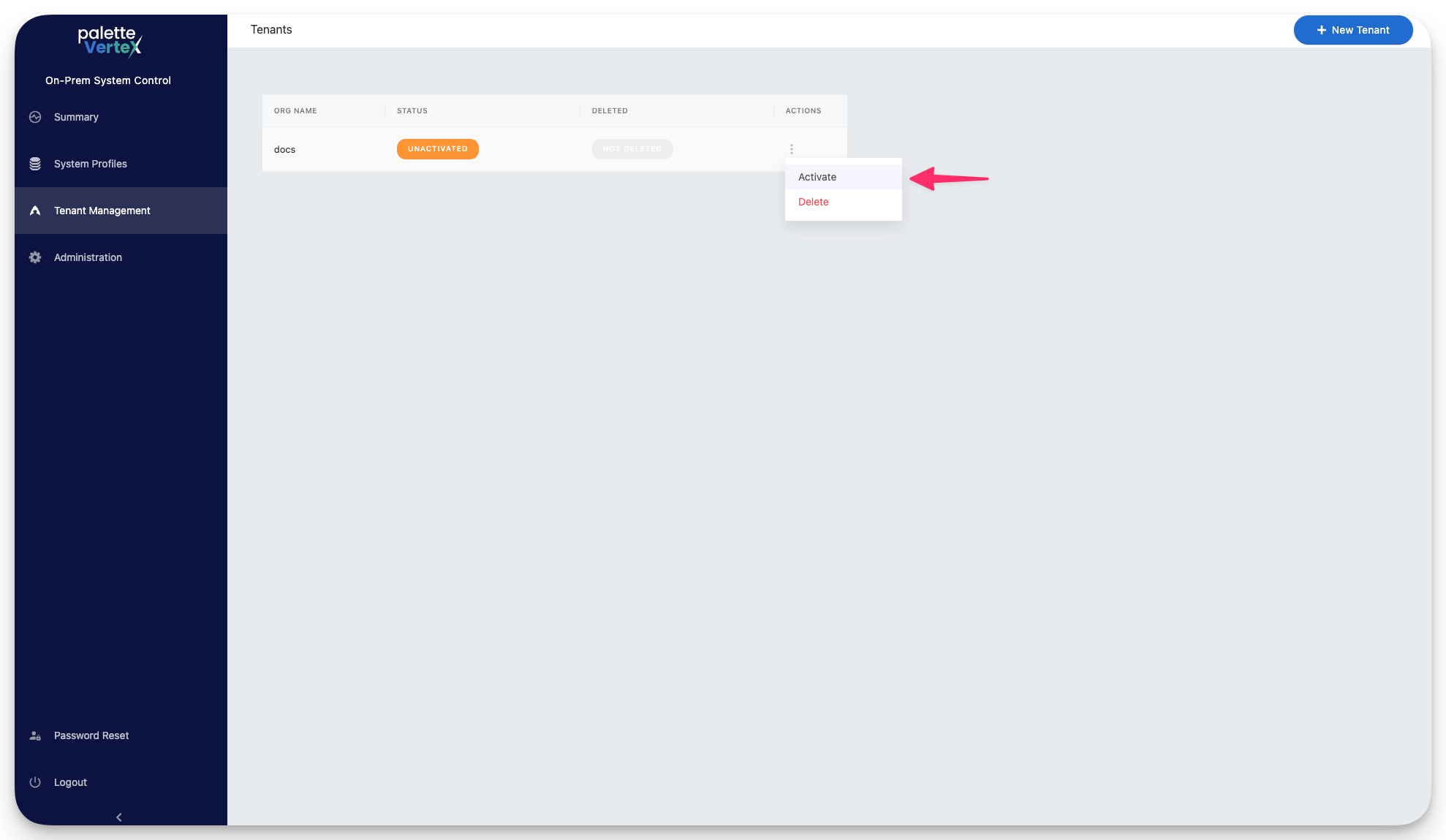 View of a tenant activation option